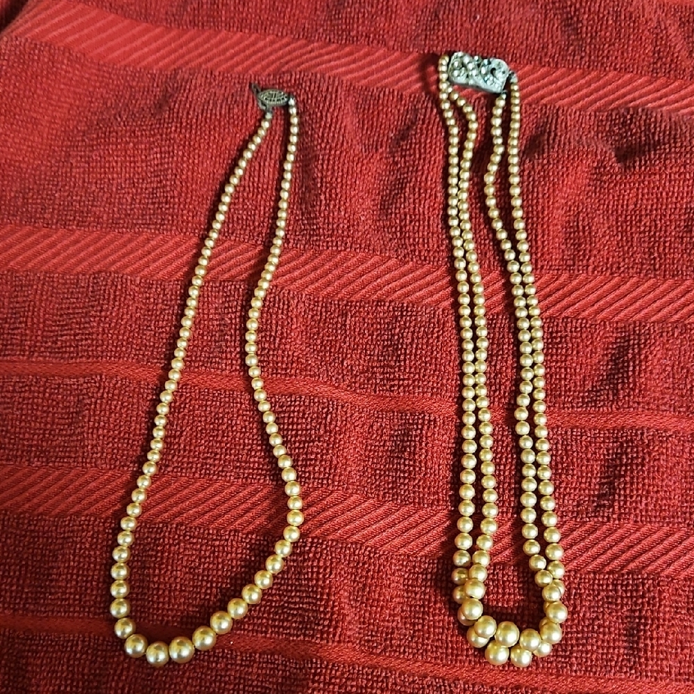 Vintage Elegant Gold Pearl Necklace Set, Double and SINGLE Strand